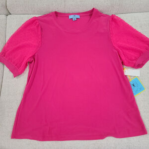 NEW CeCe Puff‑Sleeve Top Blouse Size XL Hot Pink Nordstrom Polka Dot Stretchy
